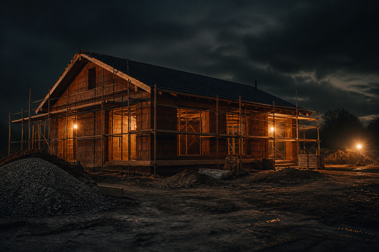 Brick house under construction at night